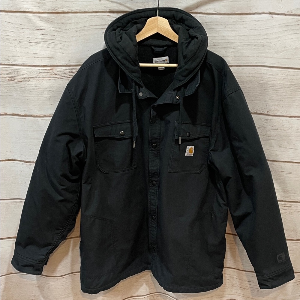 Carhartt Shirt Jacket Black 2XL Fleece Lined Shacket Snaps Mens Utility Workwear